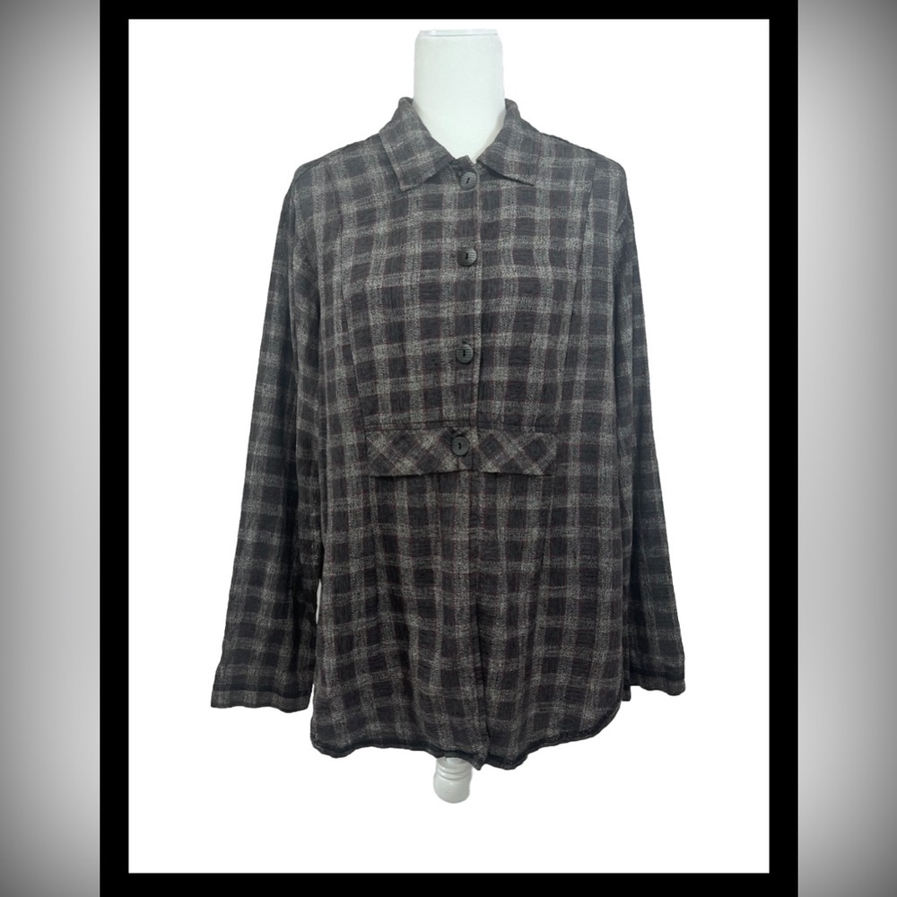 IVY Women’s Linen Blend Button Down Casual Plaid Long Sleeve Vintage Size L